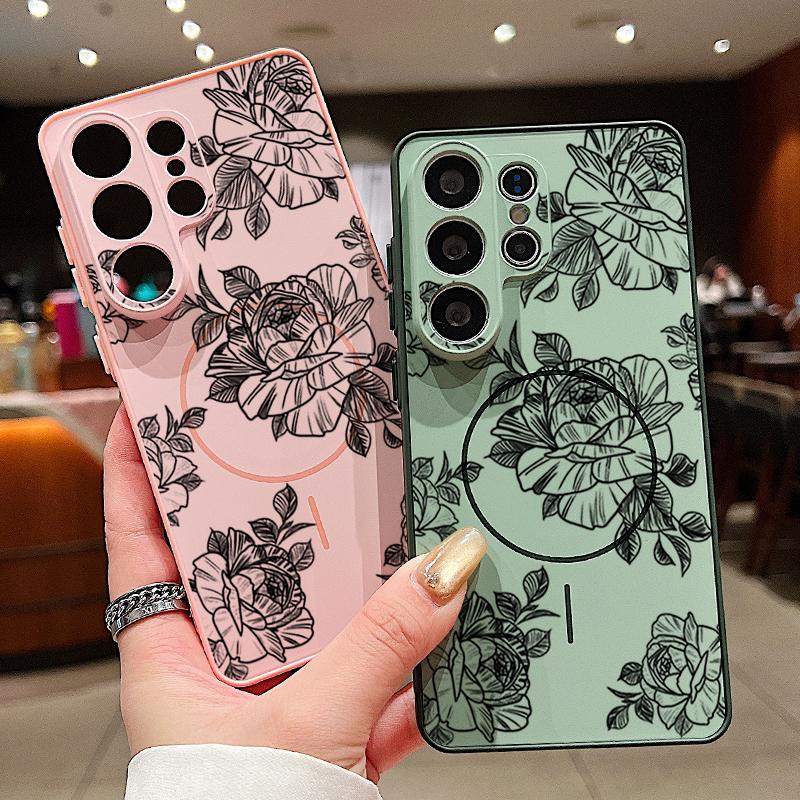 Magnetic For Magsafe Case For Samsung Galaxy S26 Ultra S25 Edge S24 Plus S23 FE S22 A54 A55 A56 5G Sketching Rose Flower Pattern Matte Cover