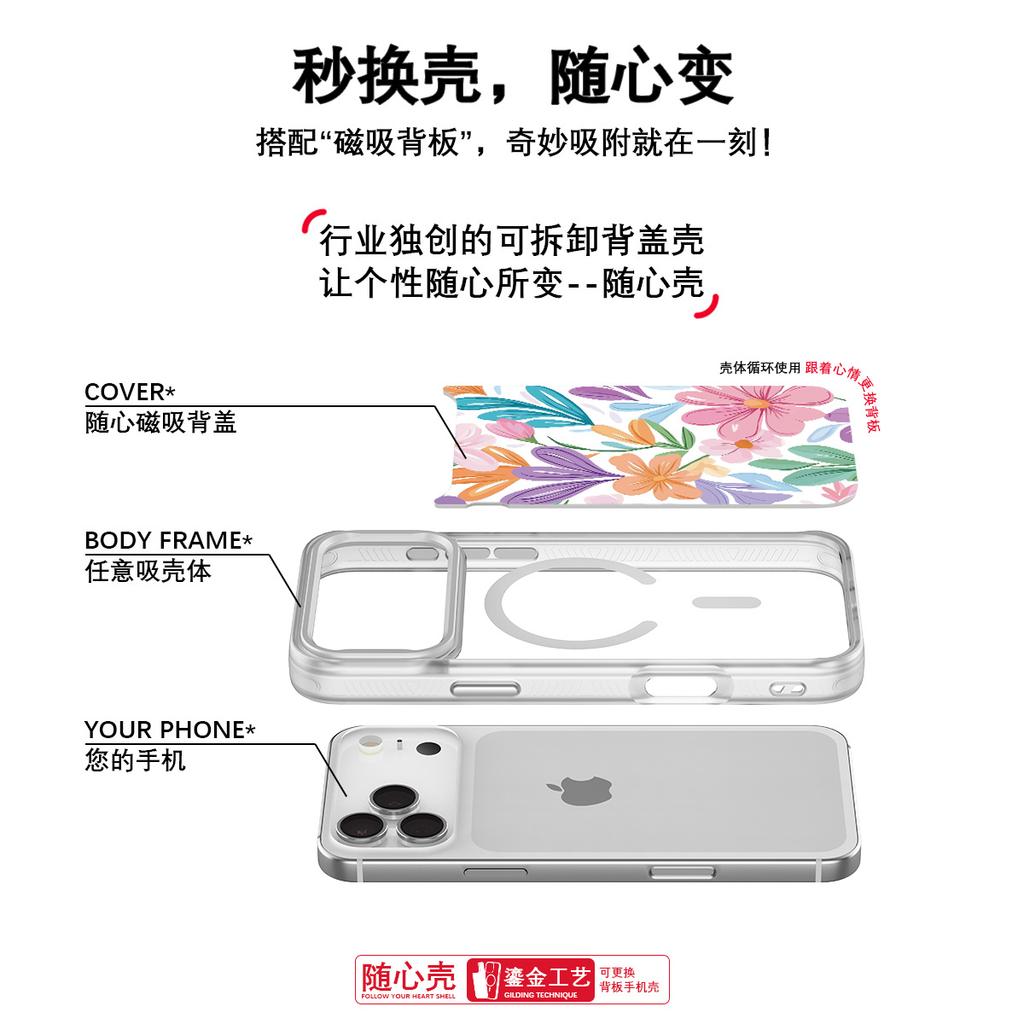 Applicable To Apple 17Pro Mobile Phone Case, Advanced Sense 16 Replaceable Back Plate 15promax Magnetic Mobile Phone Case, Bright Flower.