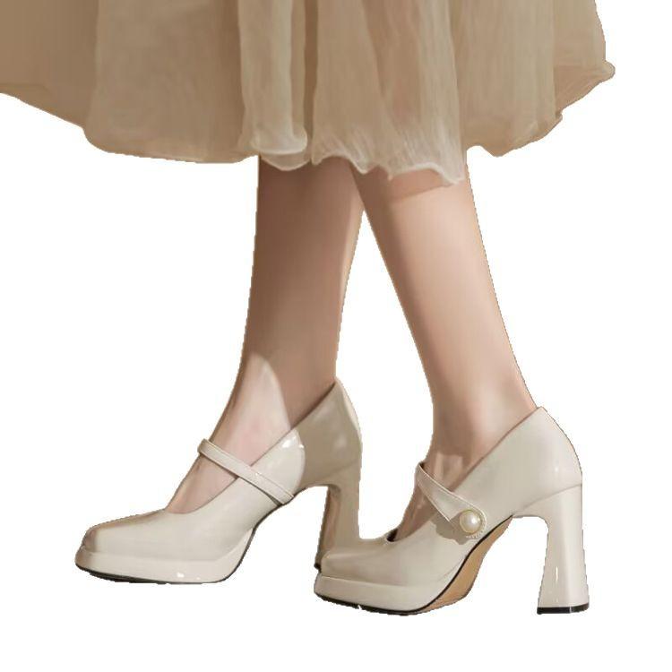 Mary Jane High Heels Damen Frühling Neu Ein-Wort mit Perlen Temperament Nicht Müde Füße Arbeitsschuhe Eckiger Kopf Einzelne Schuhe