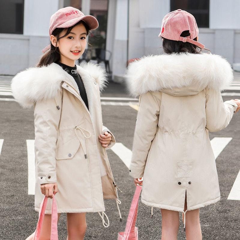 Winter Teen Girls Jacket Velvet Warm Kids Windbreaker Coat for Girls Fur Collar Hooded Parkas Children Outerwear