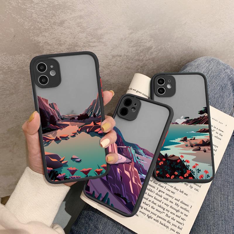 Painted Landscape Phone Case For iPhone 15 12 11 13 14 Pro Max X Xs MAX XR 6s 7 8 Plus SE2 Camera Protection Candy Color Cover