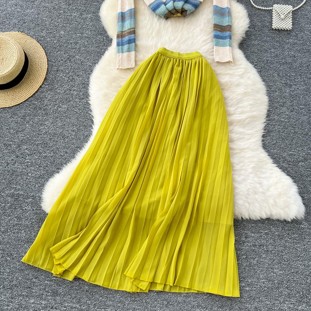 Spring Autumn Women Vintage Rainbow Striped Knitted Sweater Pullover Tops and Long Midi Pleated Skirt Two Piece Set