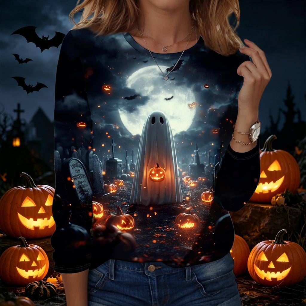 Women's Halloween Graphic Pullover Sweatshirt Long Sleeve Crew Neck Casual Top Comfortable Fit Seasonal Printed Shirt