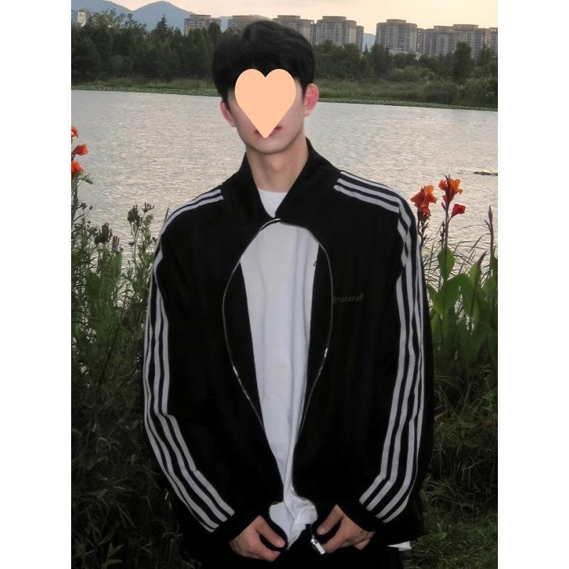 Autumn New Raglan Striped Suede Jacket for Men, Loose, Casual and Versatile Stand-up Collar Jacket