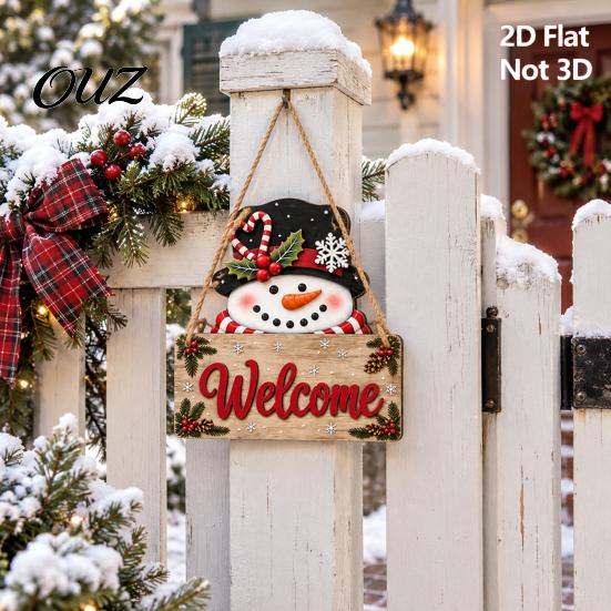 Christmas Tree Wall Decor 2D Flat Wooden Door Hanger Sign, Santa & Snowman Welcome Cartoon Ornaments Hanging Plaque, Merry Front for Indoor