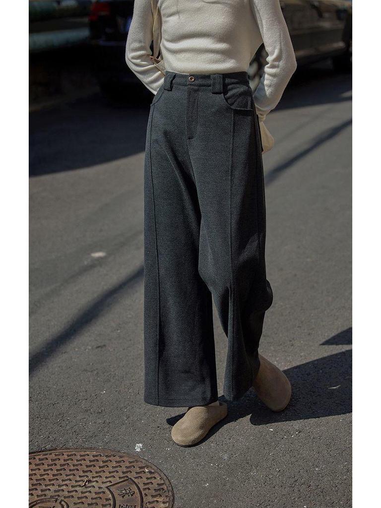 Women's Grey Wool Suit Pants - Autumn Drape, Versatile Wide-Leg, Straight, Solid Color