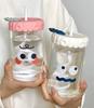 380ml/520ml Cute Expression Glass Water Bottle With Straw Portable Adult Student Coffee Milk Juice Drinking Bottles