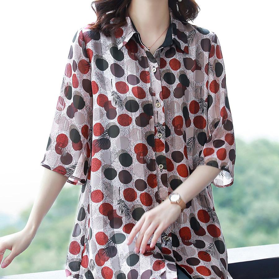 Large Size Shirt Women's Fashion Polka Dot Chiffon Shirt Loose Mid-length T-shirt Top Summer Sun Protection Clothing