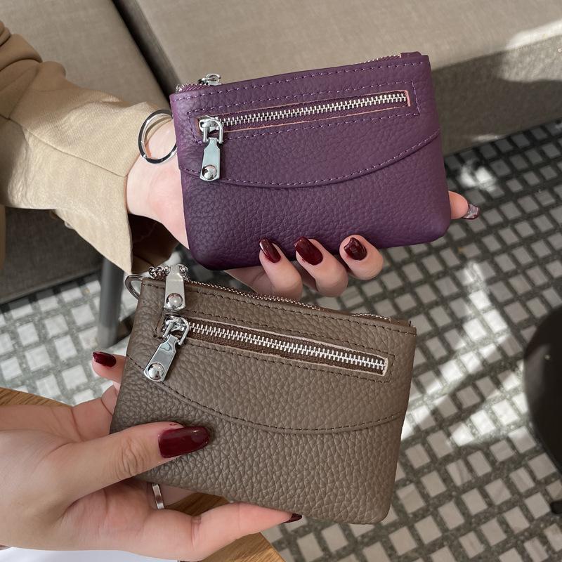 Change Bag Women's Short Small and Thin Zipper Change Bag New First-layer Cowhide Coin Key Storage