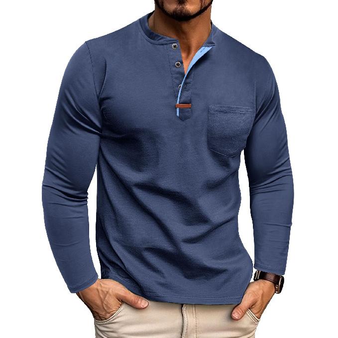 Long Sleeve Henley Shirt Men's Round Neck T-Shirt Color Block Top Tee Men's Color Block Design Base Shirt