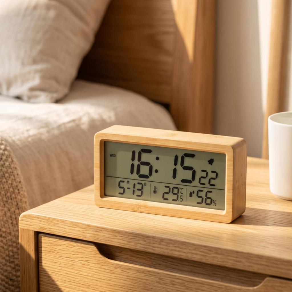 Digital Alarm Clock Easy to Read Wooden Compact for Nightstand