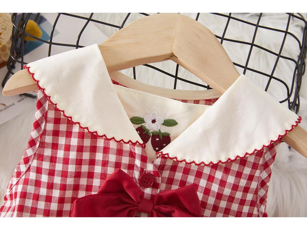 Mädchen Marineblau Kragen Kirschbestickt Sommerkleid – College-Stil Prinzessinnenmode