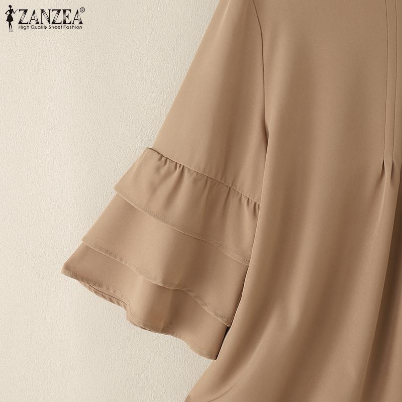 ZANZEA Women Casual Round Neck Solid Color 3/4 Sleeve Loose Blouse