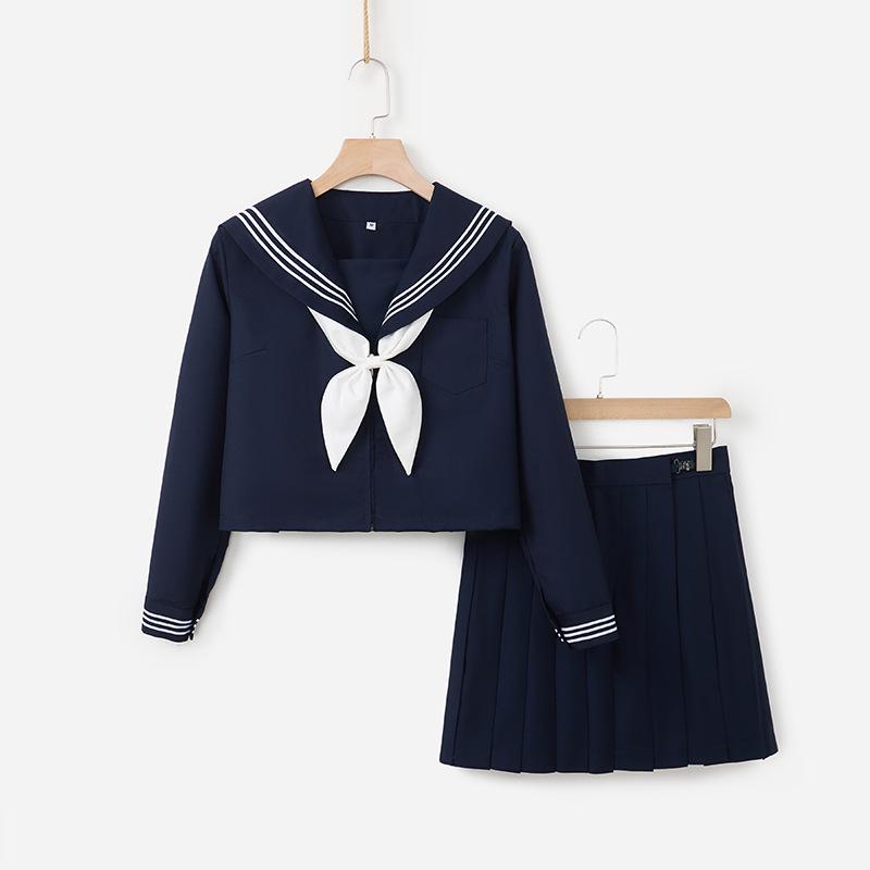 Authentic Dark Blue Three-Piece JK Uniform: Soft Girl Long-Sleeved Sailor Suit In Japanese Style