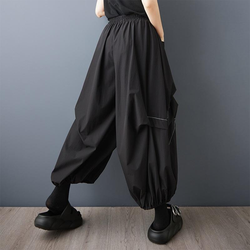 Damen Sommer Elastischer Bund Bloomer Lässige Einfarbige Plissierte Weitbein Hose mit Taschen