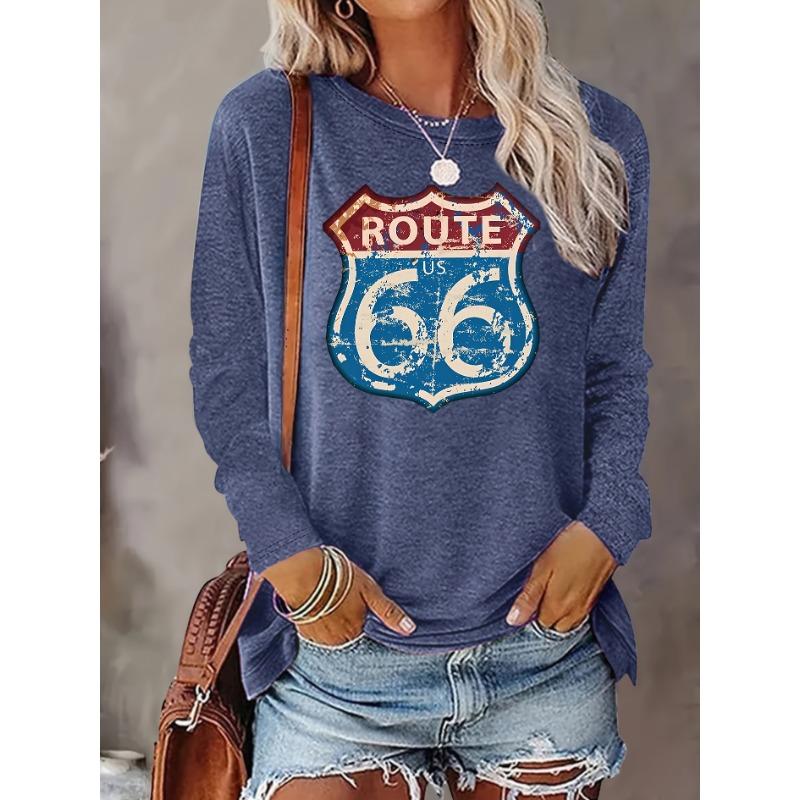 Retro Route 66 Printed Round Neck Festive Elegant Women'S Long Sleeve T-Shirt, Casual Elegant Spring Summer Autumn Winter Outfit