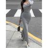 Gray long-sleeved square-neck knitted dress women's autumn pure desire spice skirt sexy waist-wrapped hips fishtail dress