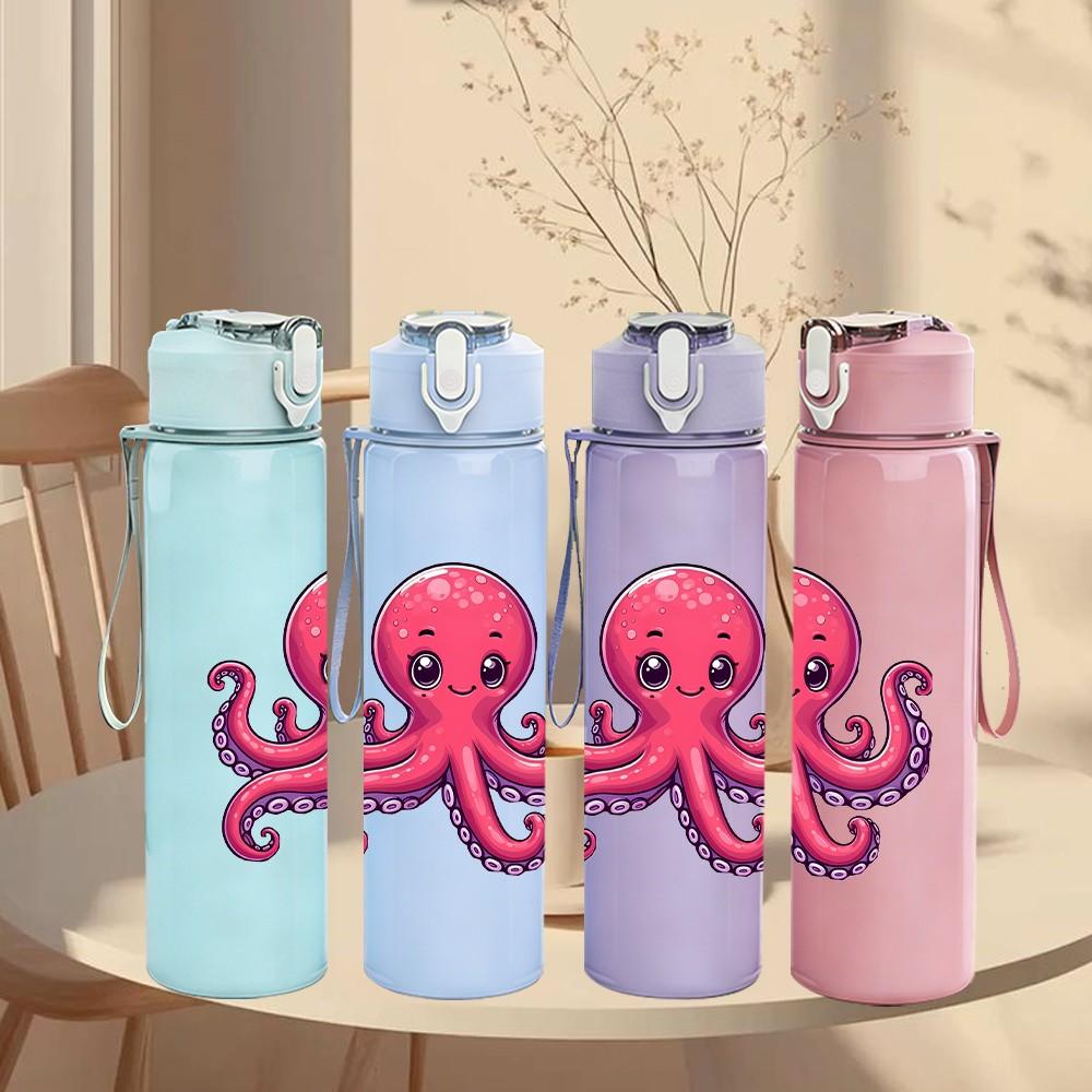 1PC Pink Octopus Ocean Animal Pattern 750ml Color Plastic Sports Water Bottle Leakproof Flip Straw Lid Suitable for Sports Office Home Use