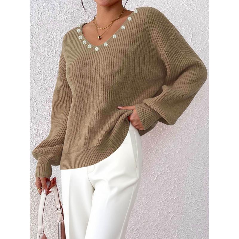

Женский осенне-зимний новый свитер свободного ленивого стиля с бусинами-жемчужинами, V-образным вырезом, повседневный пуловер XL верблюд