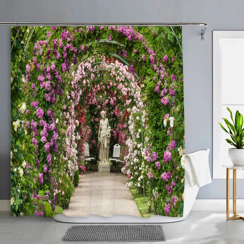 Old Door With Flowers In Verona Italy Shower Curtain Outdoor Street Garden Landscape Polyester Shower Curtains Bathroom Decor