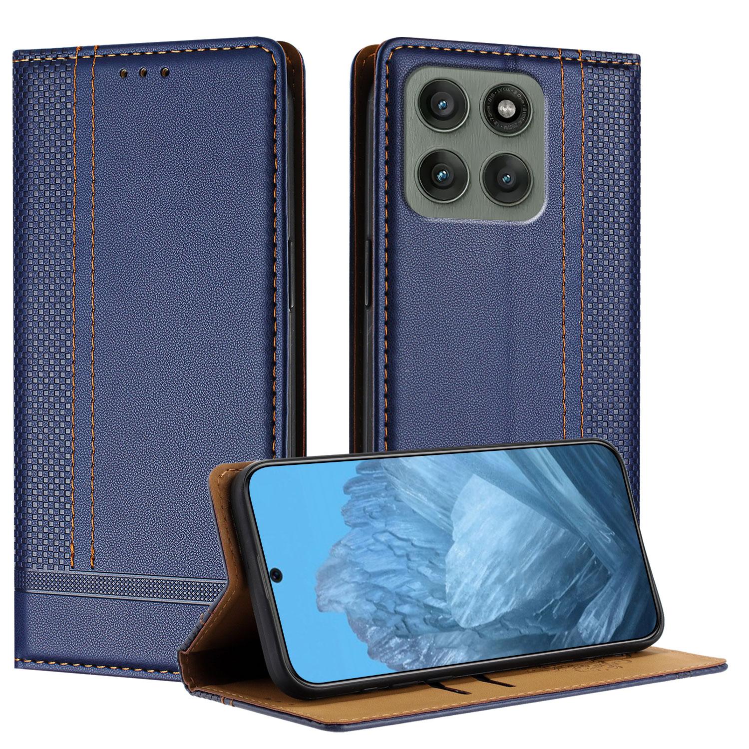 

For Motorola Edge 60 Pro 5G Case L-Shaped Grid Pattern Leather Stand Phone Cover with Card Slots Blue