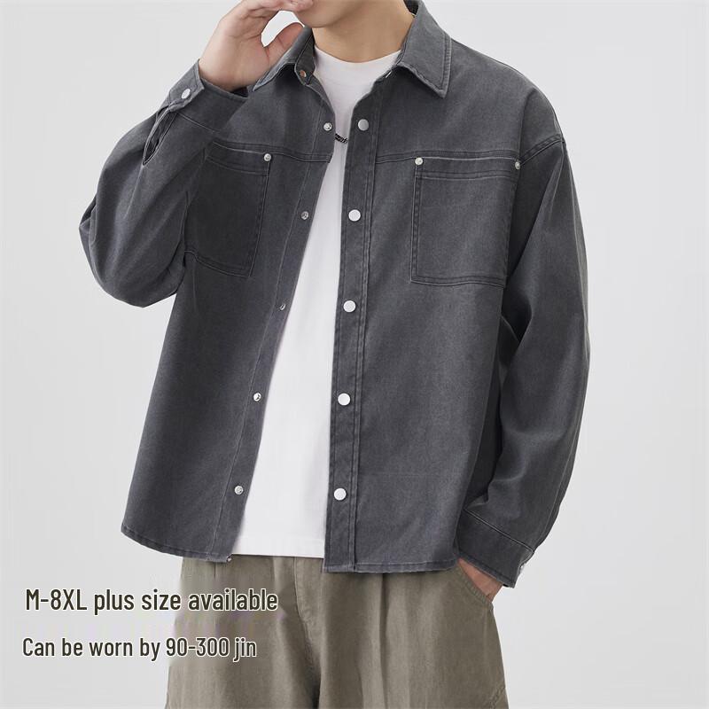 Мужская оверсайз винтажная стираная рабочая куртка-рубашка с длинным рукавом 5XL
