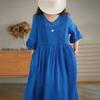 Cotton Linen Dress Women Summer Lace Oversize Swing Skirt Thin Short-sleeved Solid Color Dress Long Skirt