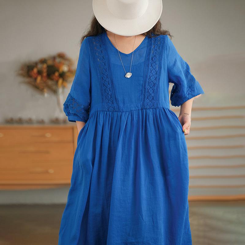 Cotton Linen Dress Women Summer Lace Oversize Swing Skirt Thin Short-sleeved Solid Color Dress Long Skirt