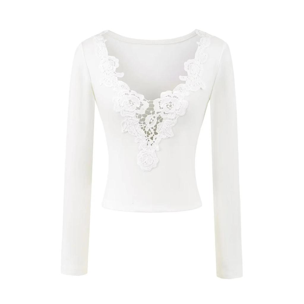 Spicy Girl Lace Patchwork Deep V-Neck Long Sleeve T-Shirt for Women - Slim Fit Brushed Base Layer for Autumn/Winter