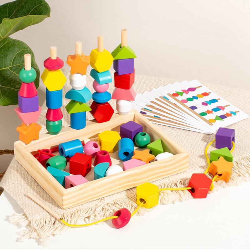 Toys Toys Toddler Wooden Montessori Beads Sequencing Stacking Block Matching Shape Lacing Beads Threading Fine Motor Skills Kids