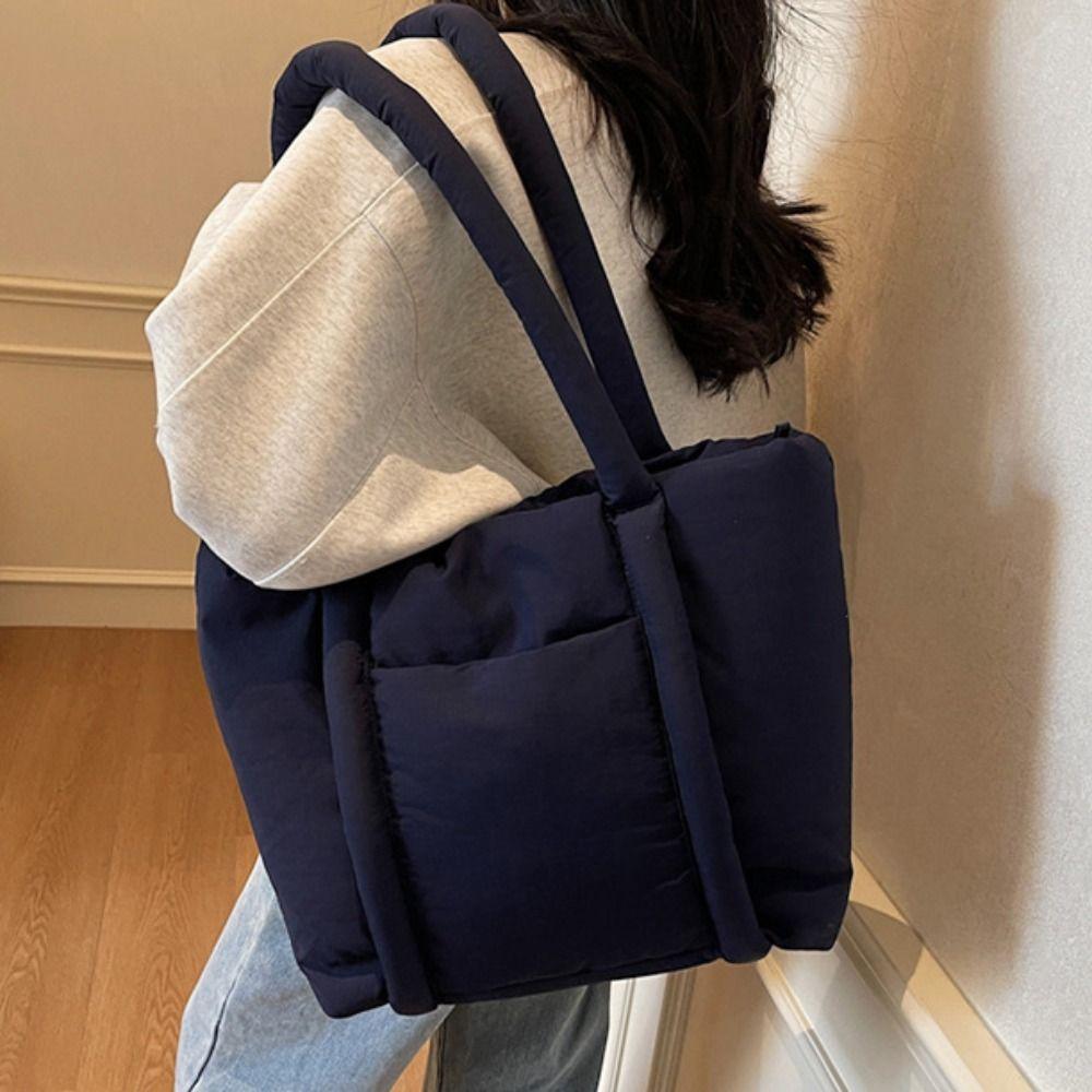 Korean Style Cotton-padded Tote Bag Solid Color Nylon Handbag  Autumn Winter