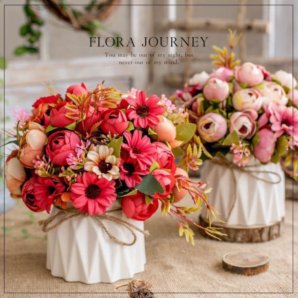Nordic Fake Flowers with Vase Silk Variety Balls Ceramic Vase Artificial Faux Plants Hemp Rope Rose Artificial Pot Flower