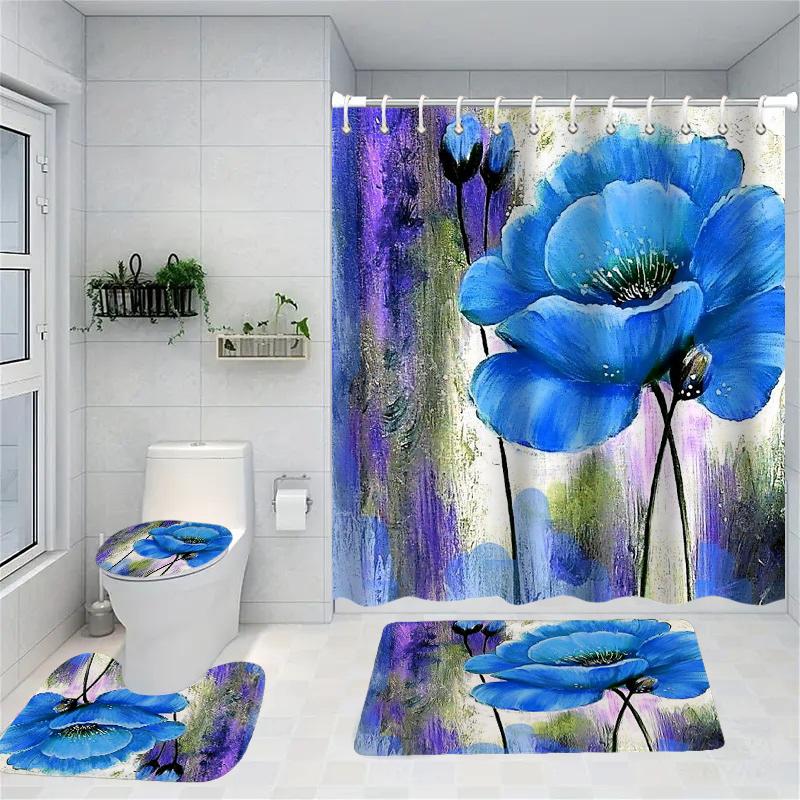 Floral Pattern Shower Curtain Bath Sets Waterproof Non-Slip Bathroom Rug Toilet U With 12 Hooks Home Deco