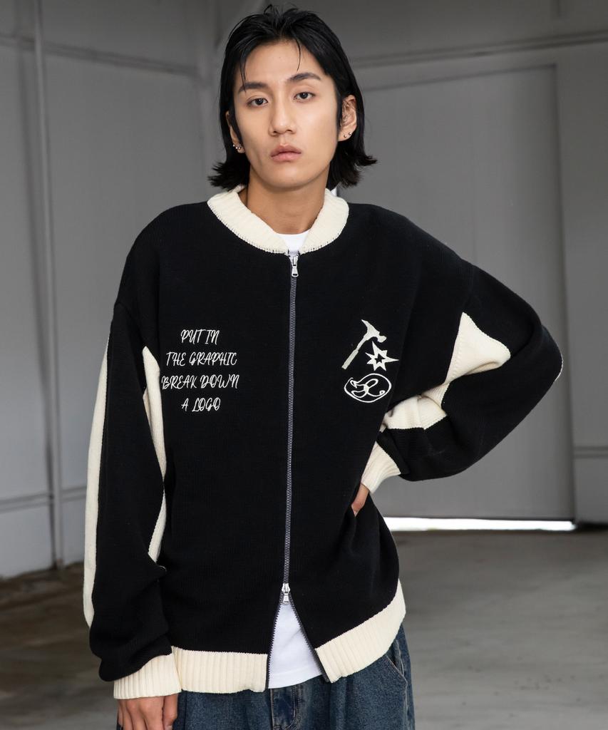 Xtonz Xtk059 Broken Varsity Knit Zip-Up (Black)