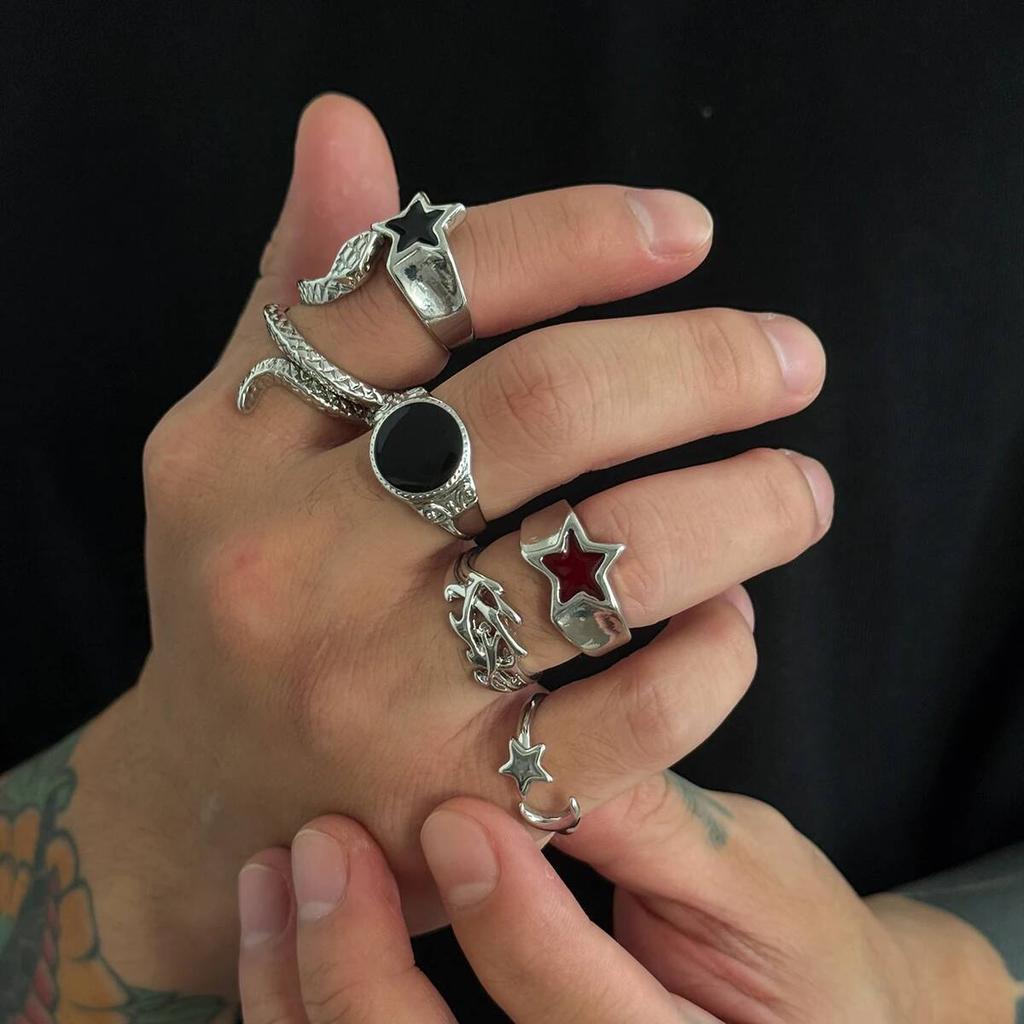 Salircon 6Pcs/set Gothic Snake Open Rings for Men Punk Creative Irregular Stars Adjustable Finger Ring Jewelry Halloween Gifts