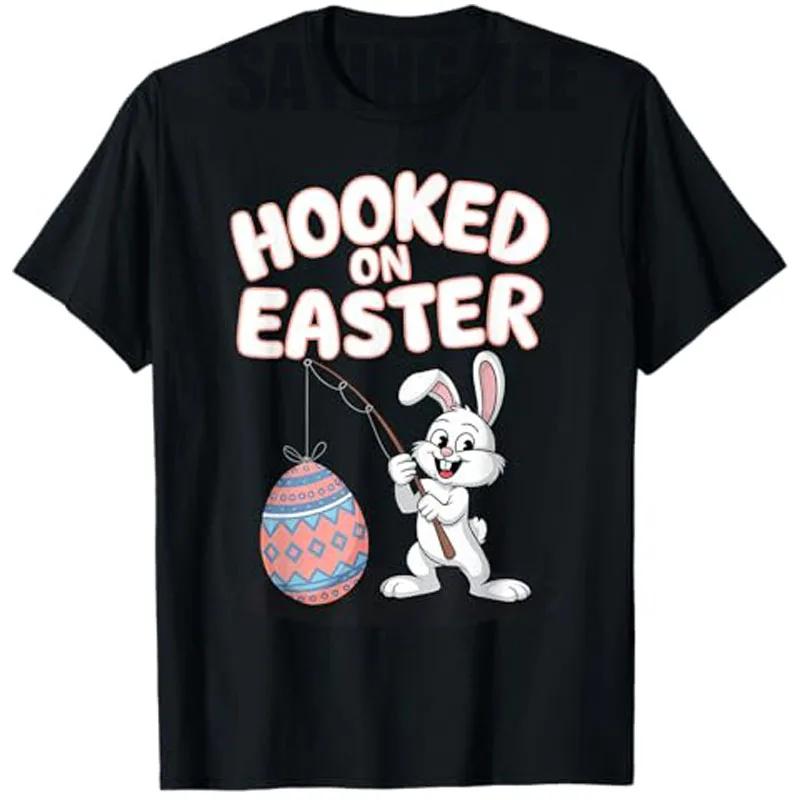 Hooked On Easter Bunny Fishing Egg Graphic Unisexs Cotton TShirt Funny Holiday Tee S