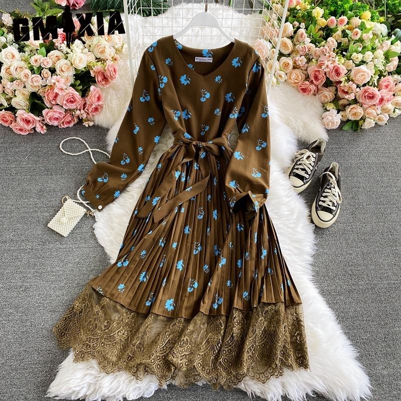 

GMXIA 10 Color Retro Floral V-Neck Halter Waist Lace Dress Colored Fashion Long Dresses one size