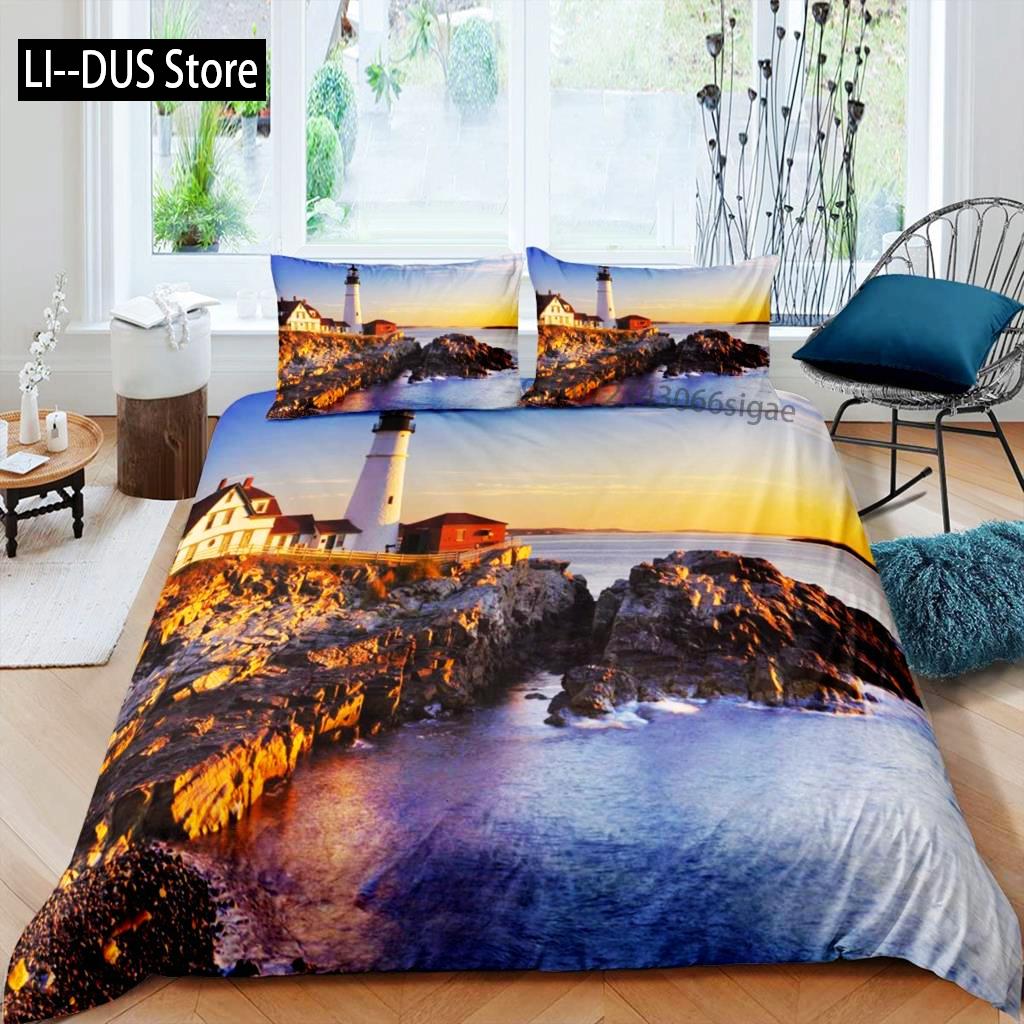 Lighthouse Duvet Cover Set Nautical Surfing Ocean Wave Bedding Set Queen Polyester Coastal Nature Theme Quilt Cover For Kids Boy