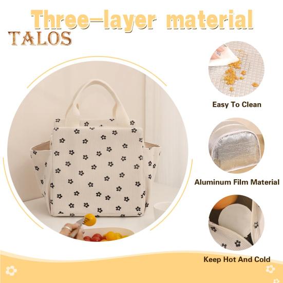 Corduroy Lunch Bag with Handle Waterproof Large Capacity Reusable Insulated Lunch Box Water Bottle Holder with Side Pockets