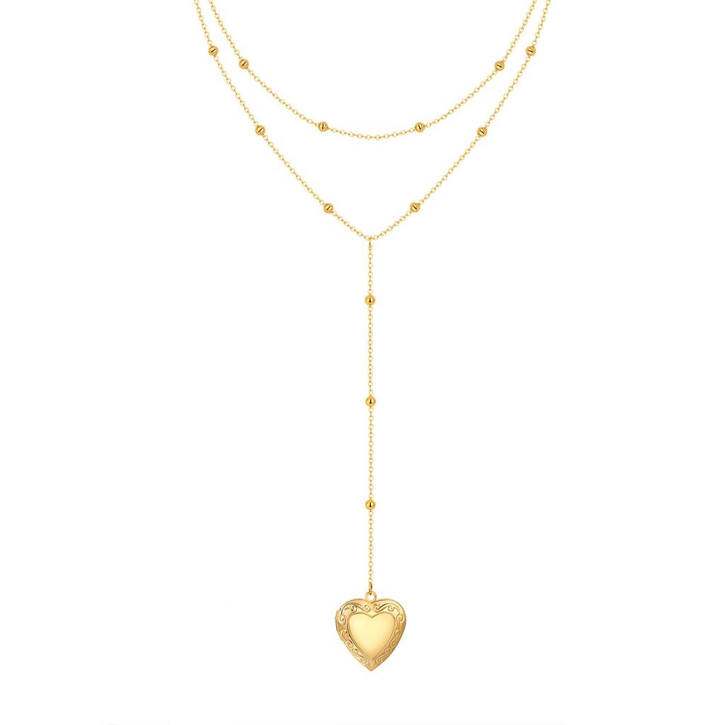 Women's Heart Locket Lariet Necklace, Adjustable Y-Shape Openable Pendant, Stainless Steel Gold Long Chain Fashion Jewelry