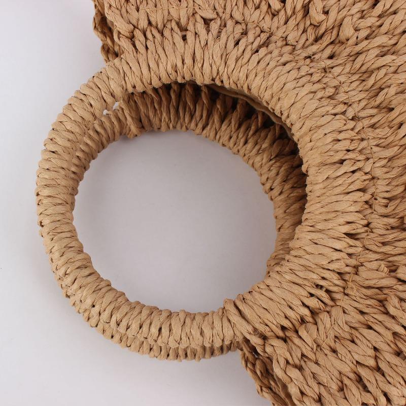 Bolsa semi-redonda simples e popular de palha trançada, bolsa de praia tecida à mão, bolsa mensageira de mão para viagem de férias