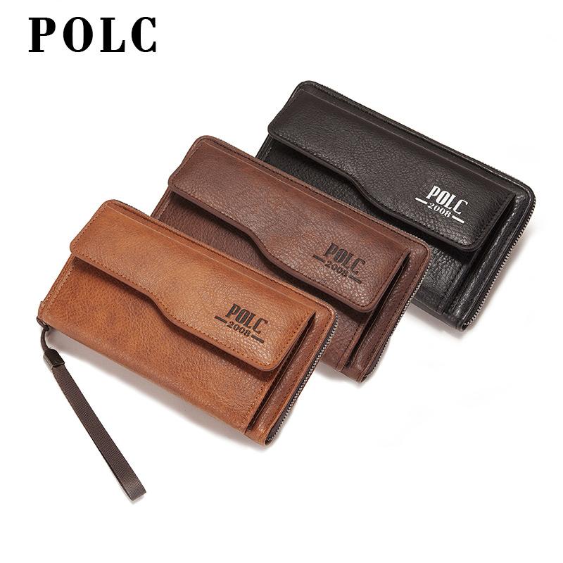 Men's Leather Wallet Clutch Bag Long Purse Zipper Money Clip Black Business Organizer Wallet Male Handy Bag