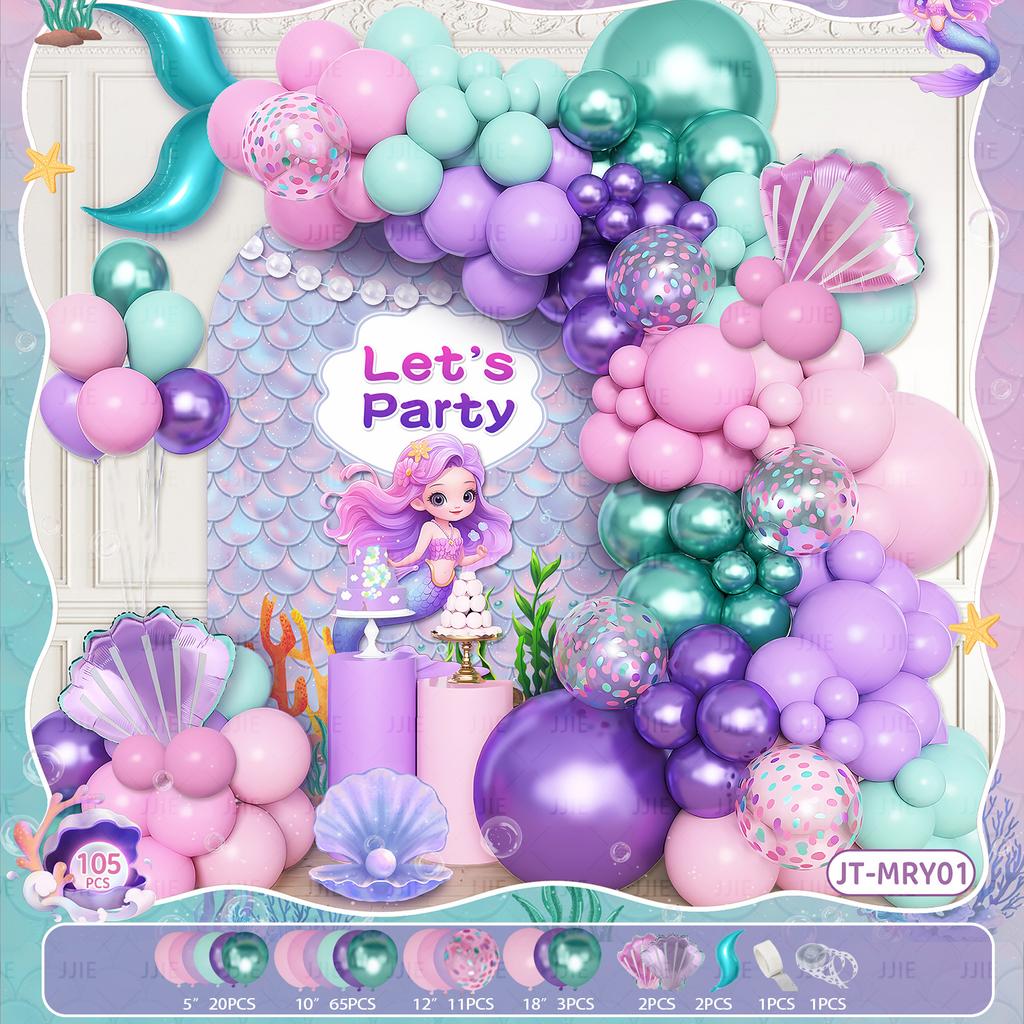 Mermaid Themed Birthday Balloon Chain Set Shell Mermaid Fish Tail Wreath Arch Party Ornament Arrangement