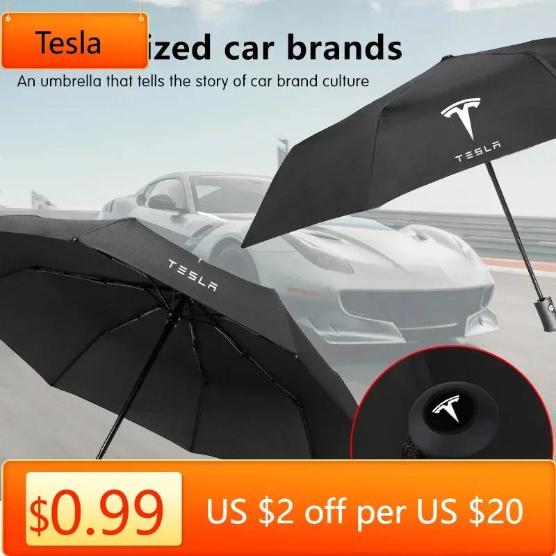Autoaufkleber Tesla Auto Faltbarer Regenschirm Tragbarer Automatischer Sonnenschutz Für Tesla Emblem Model S Model X Model 3 Roadster Cybertuck A