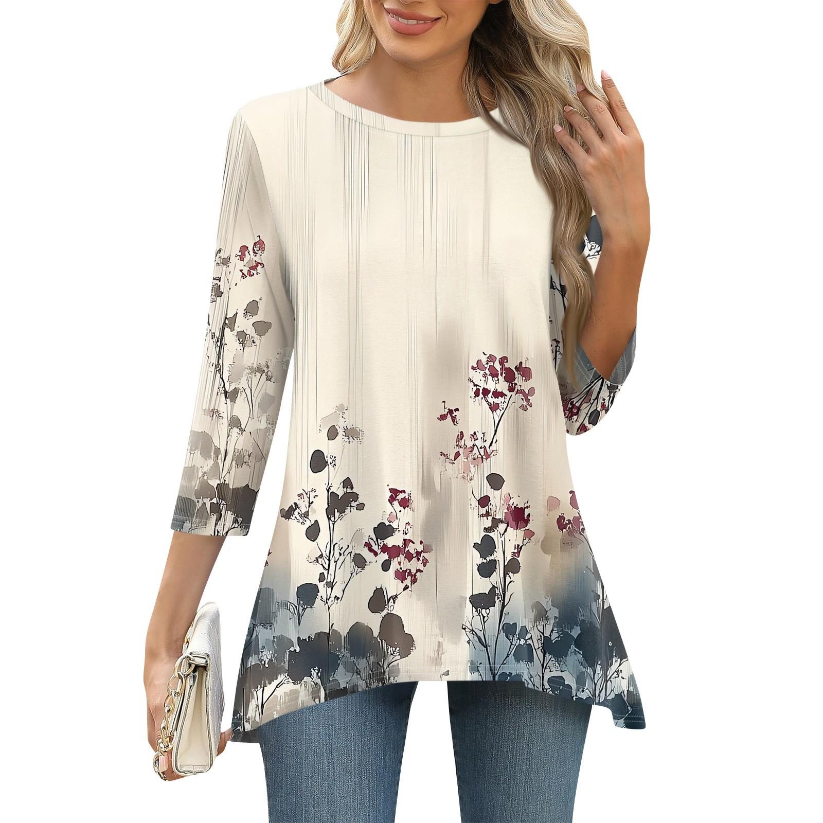 

3/4 рукав туника топы для женщин принтованный повседневный выходной свободный крой модная базовая футболка с круглым вырезом L бежевый