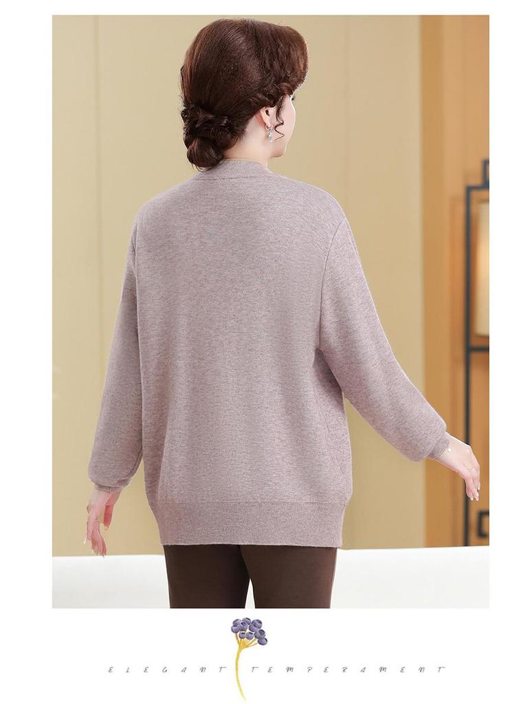 Knitted Fleece-Lined Sweater for Middle-Aged and Elderly Women - Plus Size, Autumn/Winter