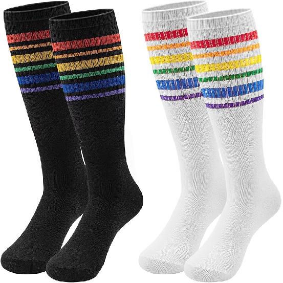 Girls Socks, 2 Pairs Girls Knee High Socks Rainbow Colorful Striped Thigh Highs Socks for Girls Kids Aged 1-16 8-12 Years