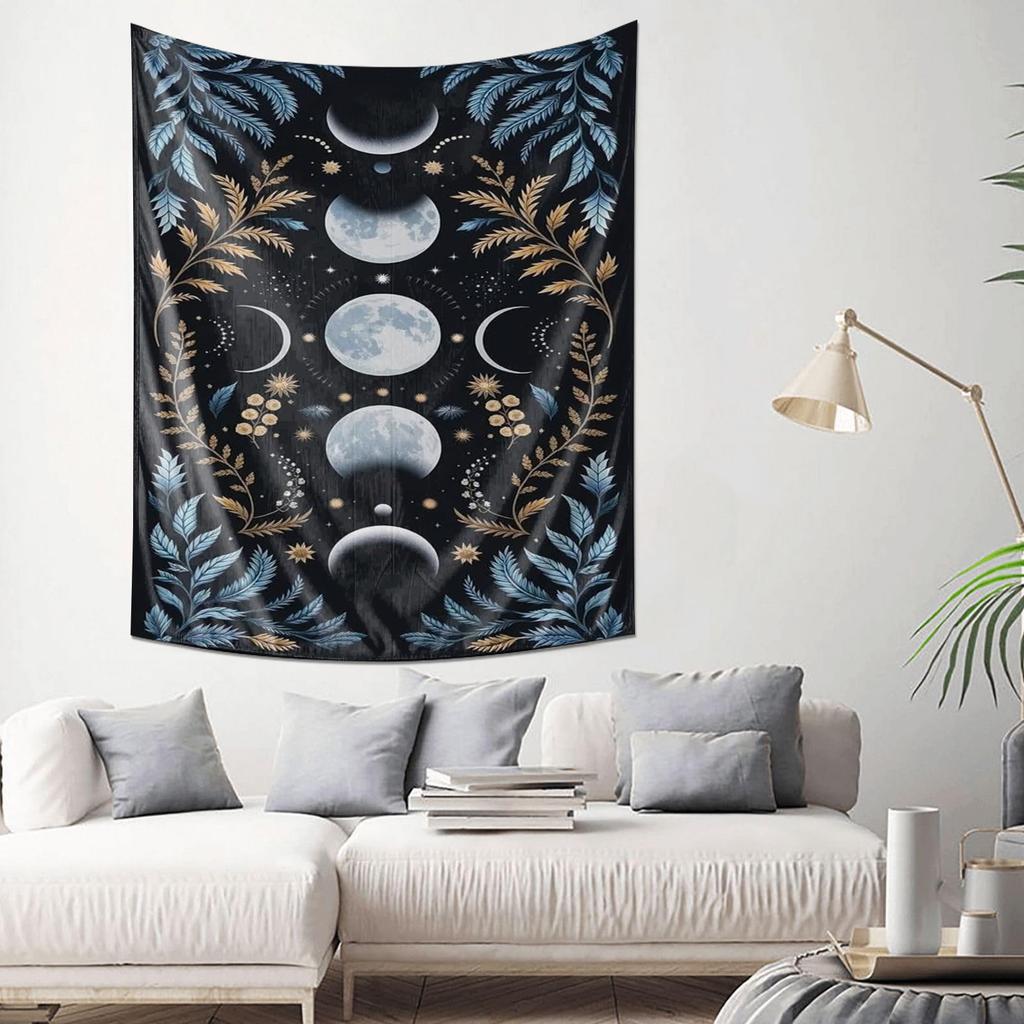 Elegant Blue Leaf Moon Phase Tapestry Perfect Wall Art for Bedroom Living Room  Meditation Space