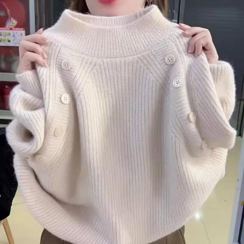 The New Thick and Warm Sweater for Autumn and Winter, with A Semi-high Neck and Two Rows of Buttons, Is Loose and Versatile, Fashionable and Slimming