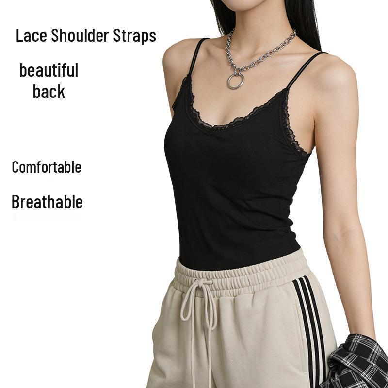 2026 Summer Korean Style Lace Trim Spaghetti Strap Slim Fit Knit Vest